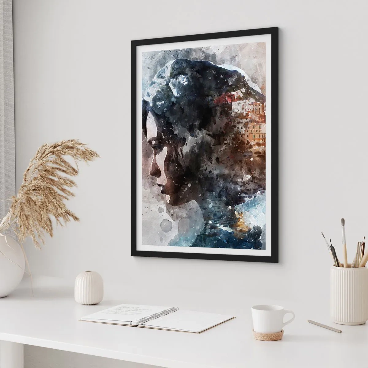 Poster in een zwarte lijst - Silhouet van een vrouw met een aquarellandschap op de achtergrond - 50x70cm - Een verhaal over een meisje met een stad op de achtergrond - Moderne wanddecoratie voor woonkamer en slaapkamer ARTTOR