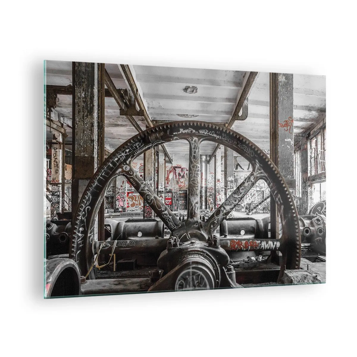 Schilderen op glas - Historisch industrieel interieur met een tandrad - 70x50cm - Het geheime leven van de fabriek - Moderne wanddecoratie voor woonkamer en slaapkamer ARTTOR