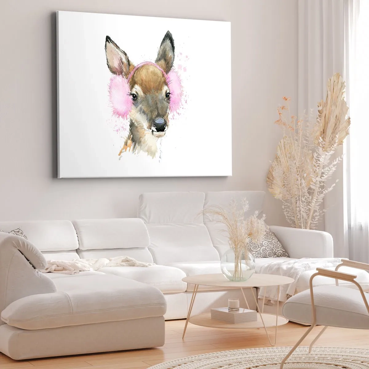 Schilderen op canvas - Aquarelhert met roze oorwarmers - 70x50cm - En de vorst is niet langer verschrikkelijk - Moderne wanddecoratie voor woonkamer en slaapkamer ARTTOR
