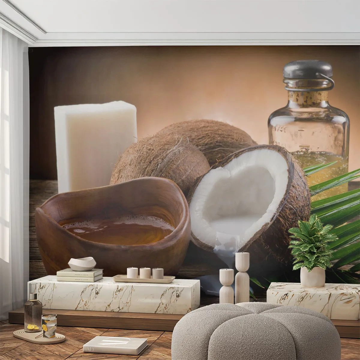 Fotobehang Premium Sand - Gezondheid van tropische eilanden - Kokosnoot, Spa, Kokosnootolie - 450x315 cm