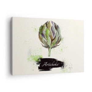 Schilderen op canvas - Aquarel artisjok met tekst op een lichte achtergrond met groene accenten - 70x50cm - Eviva-groenten! - Moderne wanddecoratie voor woonkamer en slaapkamer ARTTOR