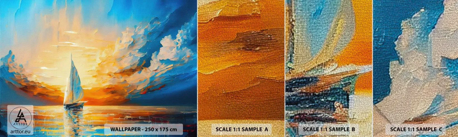 Fotobehang Monster Premium Sand - Zeilen in goud - Landschap, Nautisch, Zeilboot - 100x30 cm