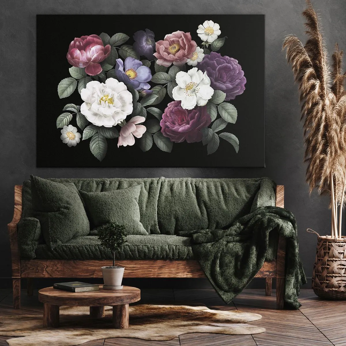 Schilderen op canvas - Bloemen in verschillende kleuren op een zwarte achtergrond - 70x50cm - Uit de Engelse tuin - Moderne wanddecoratie voor woonkamer en slaapkamer ARTTOR