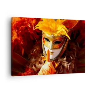 Schilderen op canvas - Carnavalsmasker in tinten goud en oranje - 70x50cm - Mysterie maakt deel uit van het spel - Moderne wanddecoratie voor woonkamer en slaapkamer ARTTOR