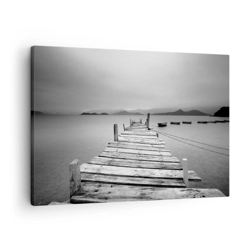 Schilderen op canvas - Een zwart-witfoto van een houten steiger en een rustig meer. - 70x50cm - Achter bergen en zeeën - Moderne wanddecoratie voor woonkamer en slaapkamer ARTTOR