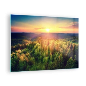Schilderen op glas - Zonsondergang boven een bergbos met uitzicht op de valleien - 70x50cm - Hoekpunten en topjes - Moderne wanddecoratie voor woonkamer en slaapkamer ARTTOR