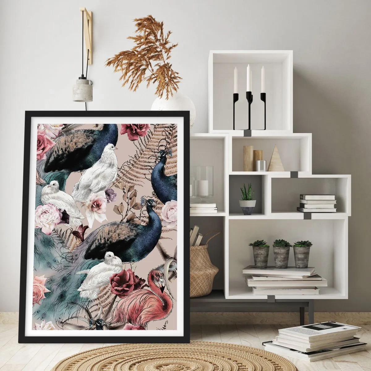 Poster in een zwarte lijst - Kleurrijke vogels en bloemen op een beige achtergrond - 50x70cm - In de paleistuin - Moderne wanddecoratie voor woonkamer en slaapkamer ARTTOR
