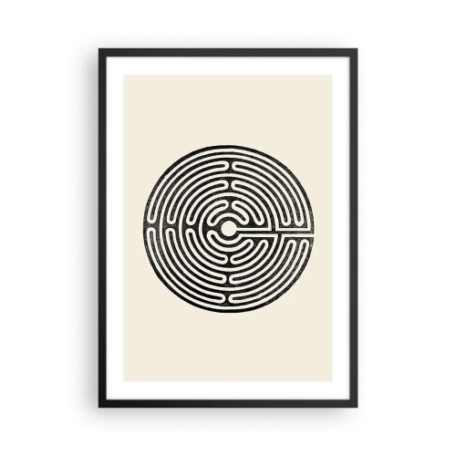 Poster in een zwarte lijst - Een minimalistisch zwart-wit doolhof op een lichte achtergrond. - 50x70cm - Mysterieuze orde - Moderne wanddecoratie voor woonkamer en slaapkamer ARTTOR