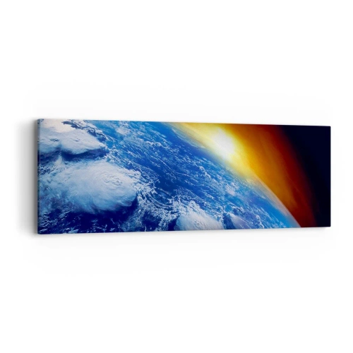 Schilderen op canvas - Zonsopgang boven de blauwe planeet - 90x30 cm