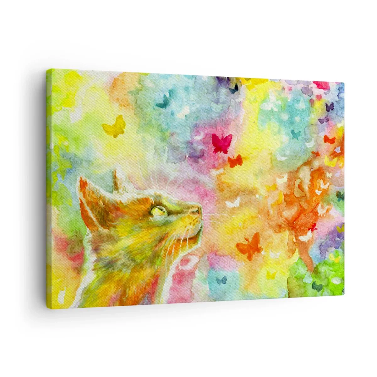 Schilderen op canvas - Een kat omringd door kleurrijke vlinders - 70x50cm - Baju-baju in het kattenparadijs - Moderne wanddecoratie voor woonkamer en slaapkamer ARTTOR