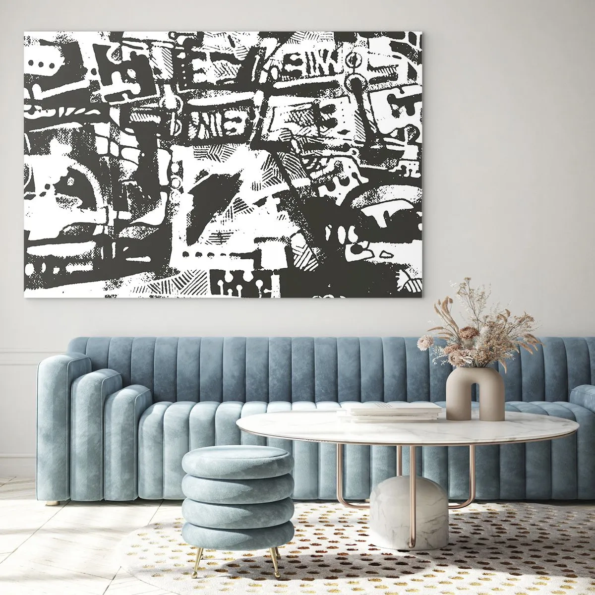 Schilderen op glas - Zwart-wit abstractie met geometrische en technische motieven - 70x50cm - Orde of chaos? - Moderne wanddecoratie voor woonkamer en slaapkamer ARTTOR