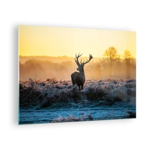 Schilderen op glas - Herten op een ijskoude ochtend met de zonsopgang op de achtergrond - 70x50cm - Gekroond op zijn landgoed - Moderne wanddecoratie voor woonkamer en slaapkamer ARTTOR