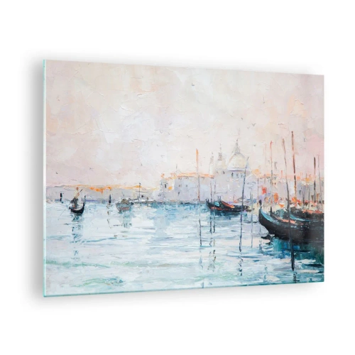 Schilderen op glas - Impressionistisch landschap met boten en gebouwen - 70x50cm - Achter het water, achter de mist - Moderne wanddecoratie voor woonkamer en slaapkamer ARTTOR