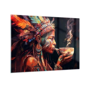 Schilderen op glas - Een figuur met een veren hoofdtooi die een drankje drinkt in een mystieke sfeer - 70x50cm - Magisch ritueel - Moderne wanddecoratie voor woonkamer en slaapkamer ARTTOR