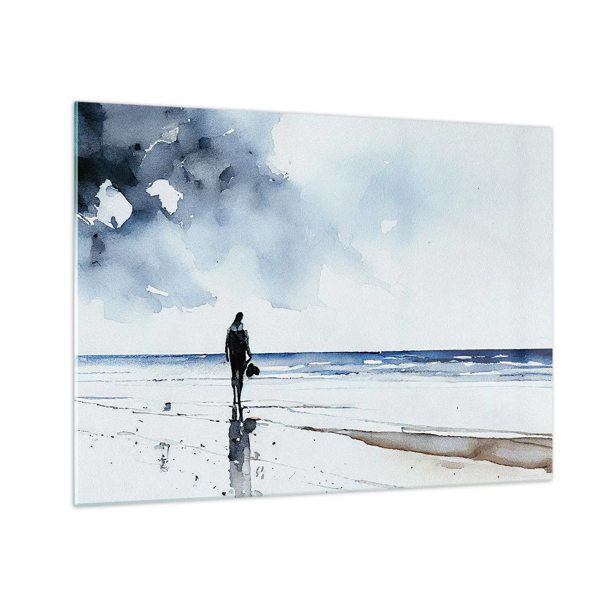Schilderen op glas - Silhouet van een persoon aan de kust in delicate aquarel - 70x50cm - Gesprek met de zee - Moderne wanddecoratie voor woonkamer en slaapkamer ARTTOR