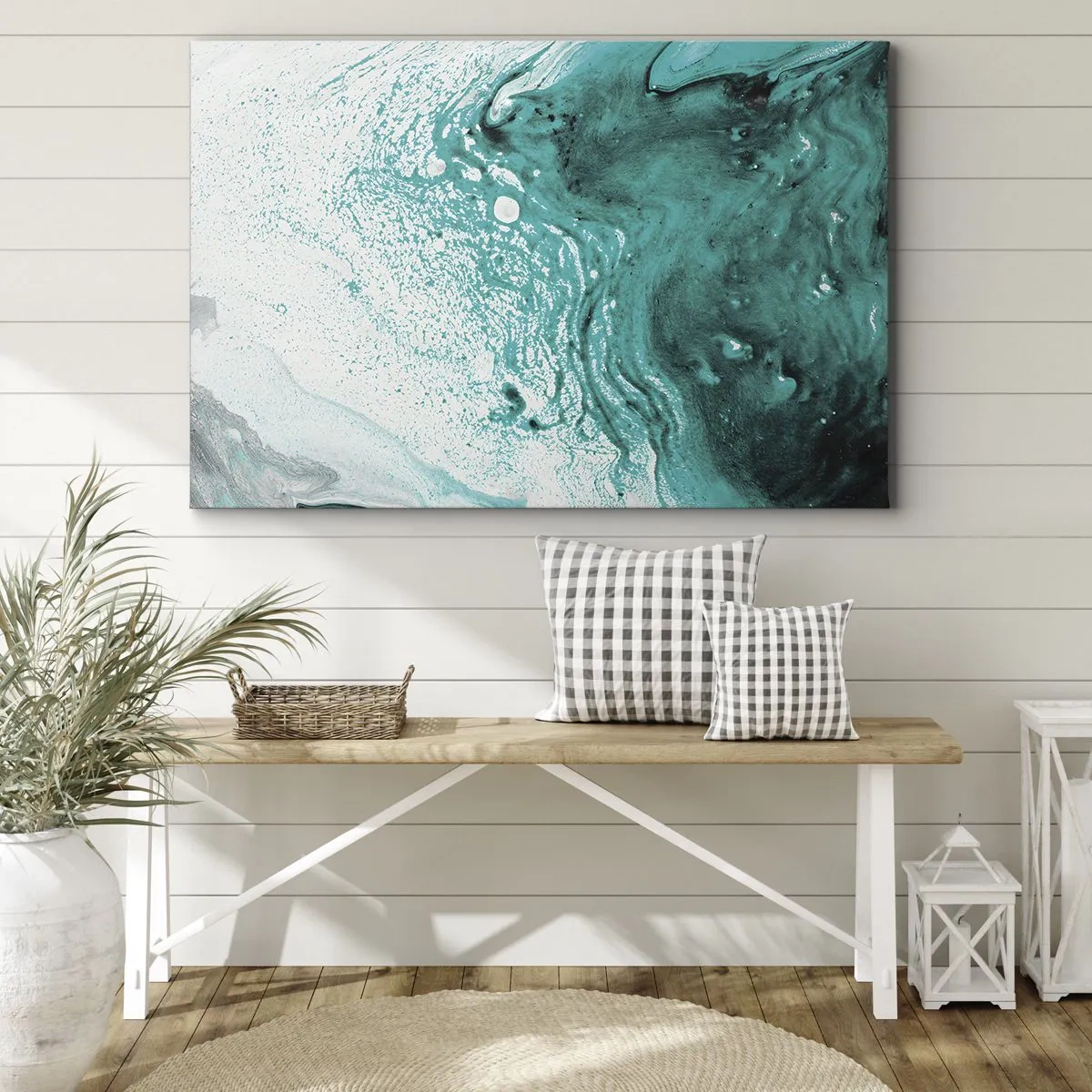 Schilderen op canvas - Abstracte compositie in turquoise tinten op een witte achtergrond - 70x50cm - Versmelten in wit en turkoois - Moderne wanddecoratie voor woonkamer en slaapkamer ARTTOR