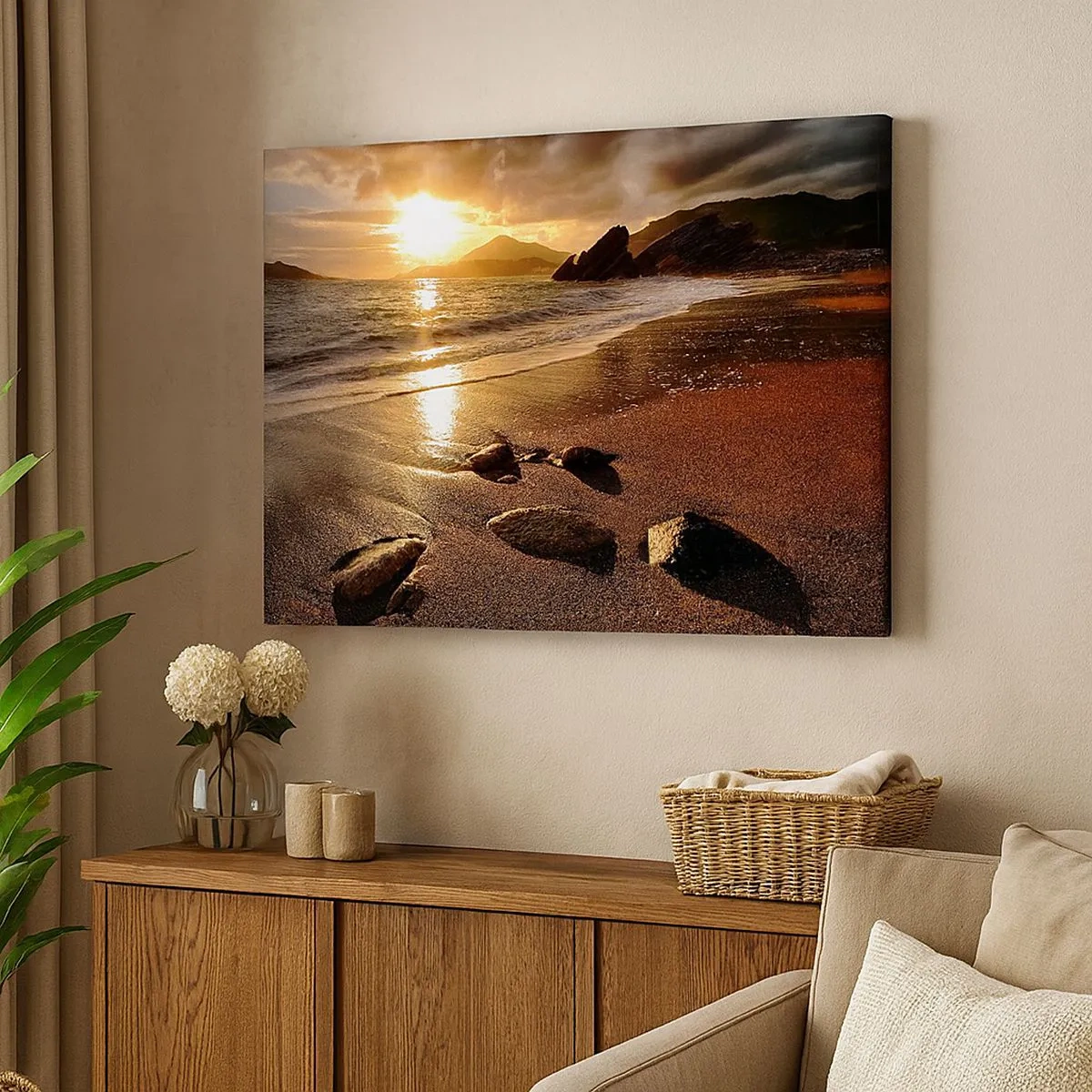 Schilderen op canvas - Strand bij zonsondergang met stenen aan de kust - 70x50cm - Volg de zon naar de heuvels - Moderne wanddecoratie voor woonkamer en slaapkamer ARTTOR