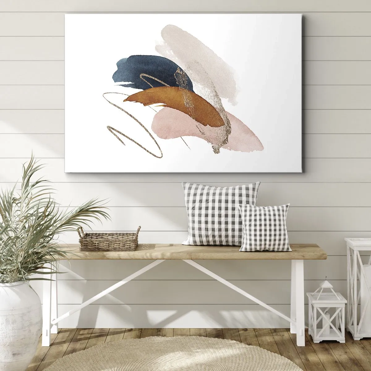 Schilderen op canvas - Abstracte penseelstreken in pastelkleuren met gouden accenten - 70x50cm - Gevleugelde compositie - Moderne wanddecoratie voor woonkamer en slaapkamer ARTTOR
