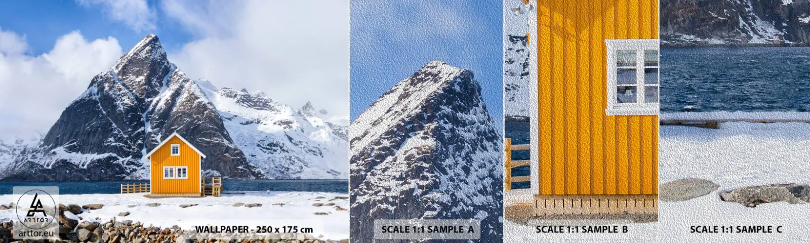 Fotobehang Monster Premium Sand - Scandinavische vakanties - Winter, Alpen, Bergen - 100x30 cm