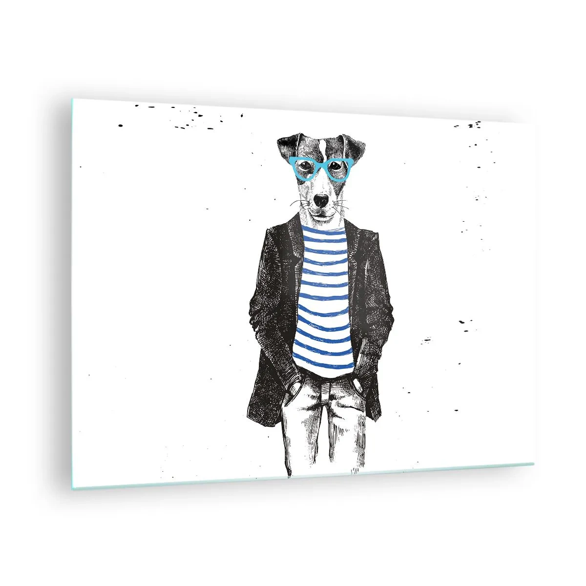Schilderen op glas - Illustratie van een hond met een matrozenhemd en een bril op een witte achtergrond - 70x50cm - God behoed! - Moderne wanddecoratie voor woonkamer en slaapkamer ARTTOR