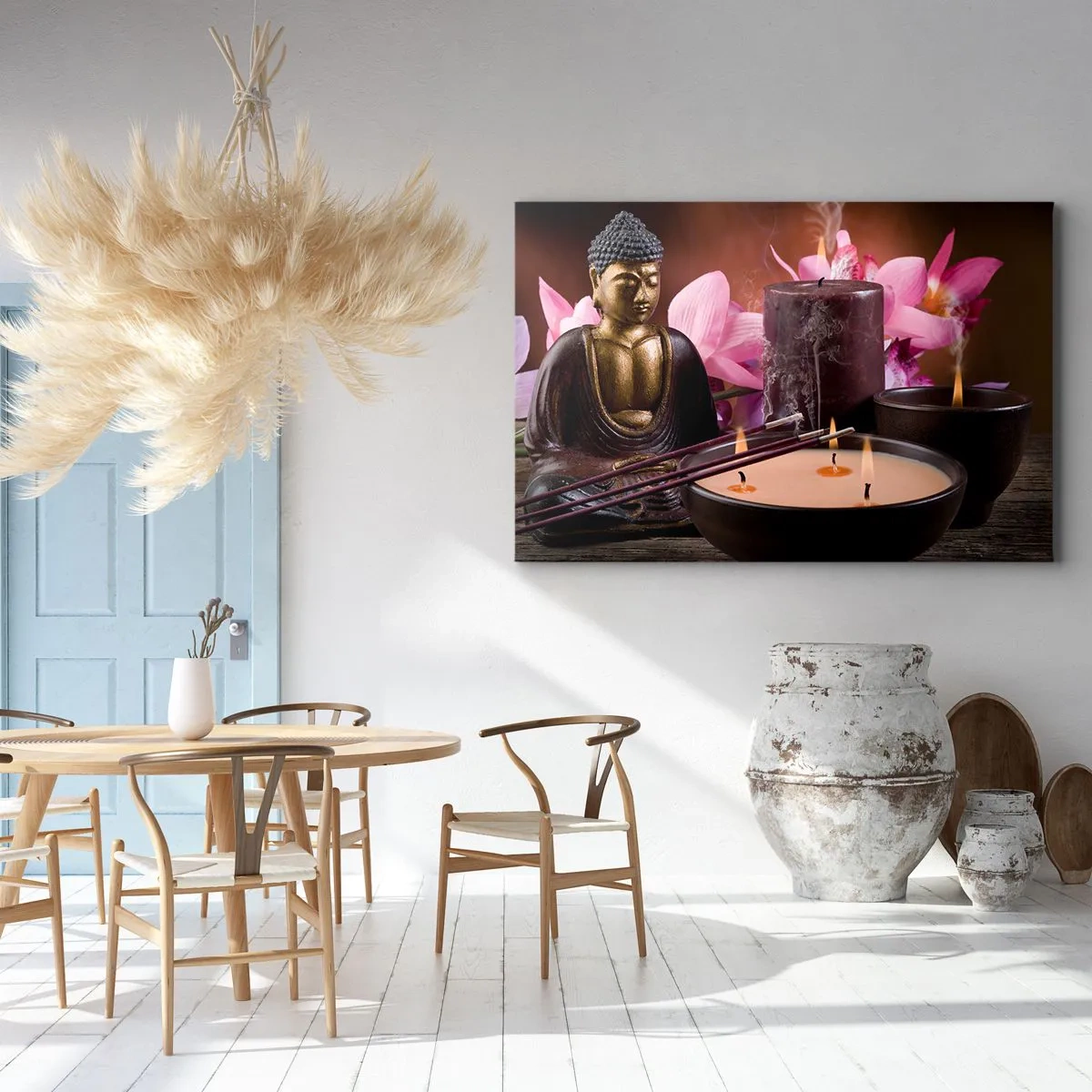 Schilderen op canvas - Boeddhabeeldje met brandende kaarsen en wierookstokjes - 70x50cm - Maak de geest leeg, kalmeer het lichaam - Moderne wanddecoratie voor woonkamer en slaapkamer ARTTOR