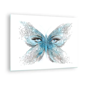 Schilderen op glas - Een vlinder met blauwe vleugels en menselijke ogen in een artistieke stijl. - 70x50cm - Eros pimpelmees - Moderne wanddecoratie voor woonkamer en slaapkamer ARTTOR