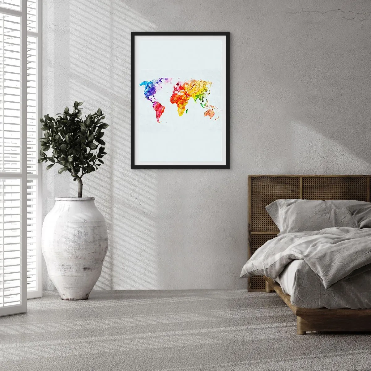 Poster in een zwarte lijst - Kleurrijke aquarel wereldkaart - 50x70cm - Alle kleuren van de wereld - Moderne wanddecoratie voor woonkamer en slaapkamer ARTTOR