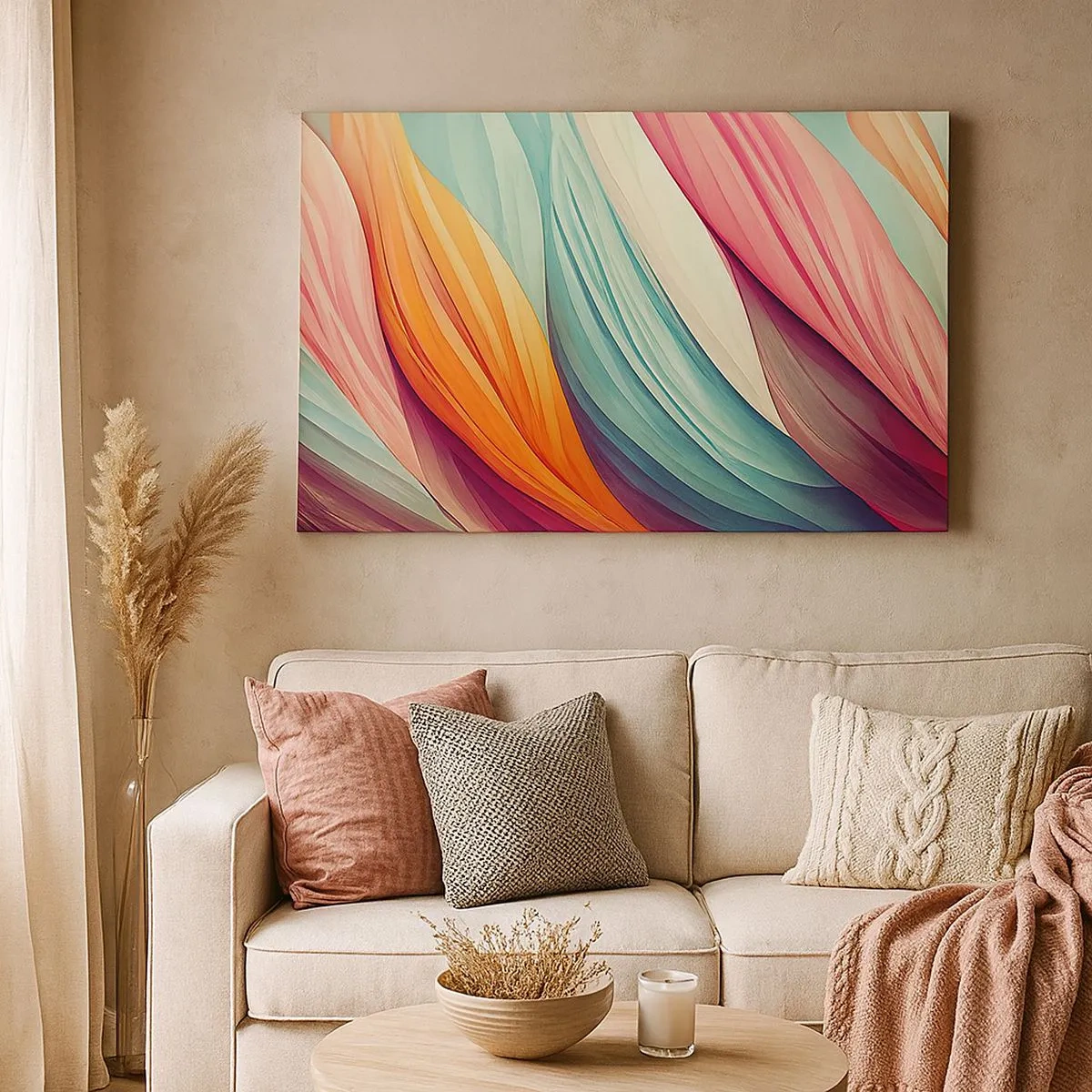 Schilderen op canvas - Abstracte lijnen in pastel- en levendige kleuren - 70x50cm - Regenboog geweven - Moderne wanddecoratie voor woonkamer en slaapkamer ARTTOR