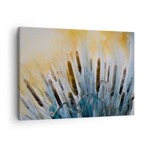 Schilderen op canvas - Pittoresk riet in de zonnestralen - 70x50cm - De kou van het water, de hitte van de zon - Moderne wanddecoratie voor woonkamer en slaapkamer ARTTOR