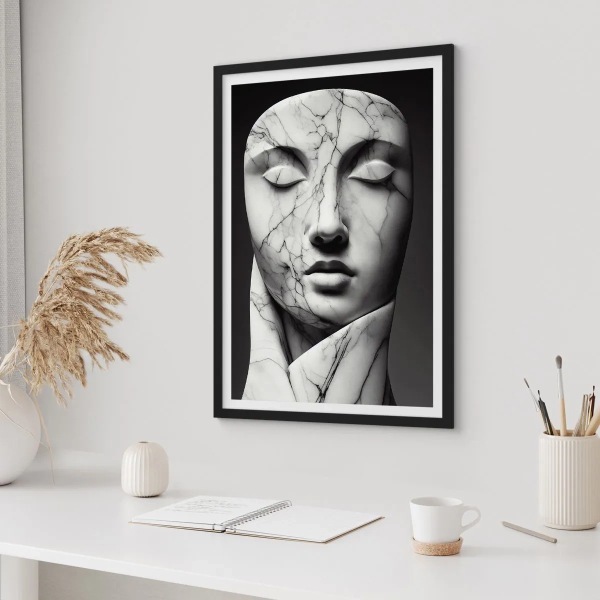 Poster in een zwarte lijst - Marmeren sculptuur van gezicht met gesloten ogen op een zwarte achtergrond - 50x70cm - Marmeren vormen - Moderne wanddecoratie voor woonkamer en slaapkamer ARTTOR
