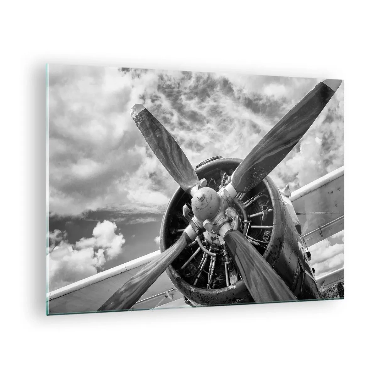 Schilderen op glas - Een close-up van een vliegtuigpropeller in zwart-wit. - 70x50cm - Veroveraar van de lucht - Moderne wanddecoratie voor woonkamer en slaapkamer ARTTOR