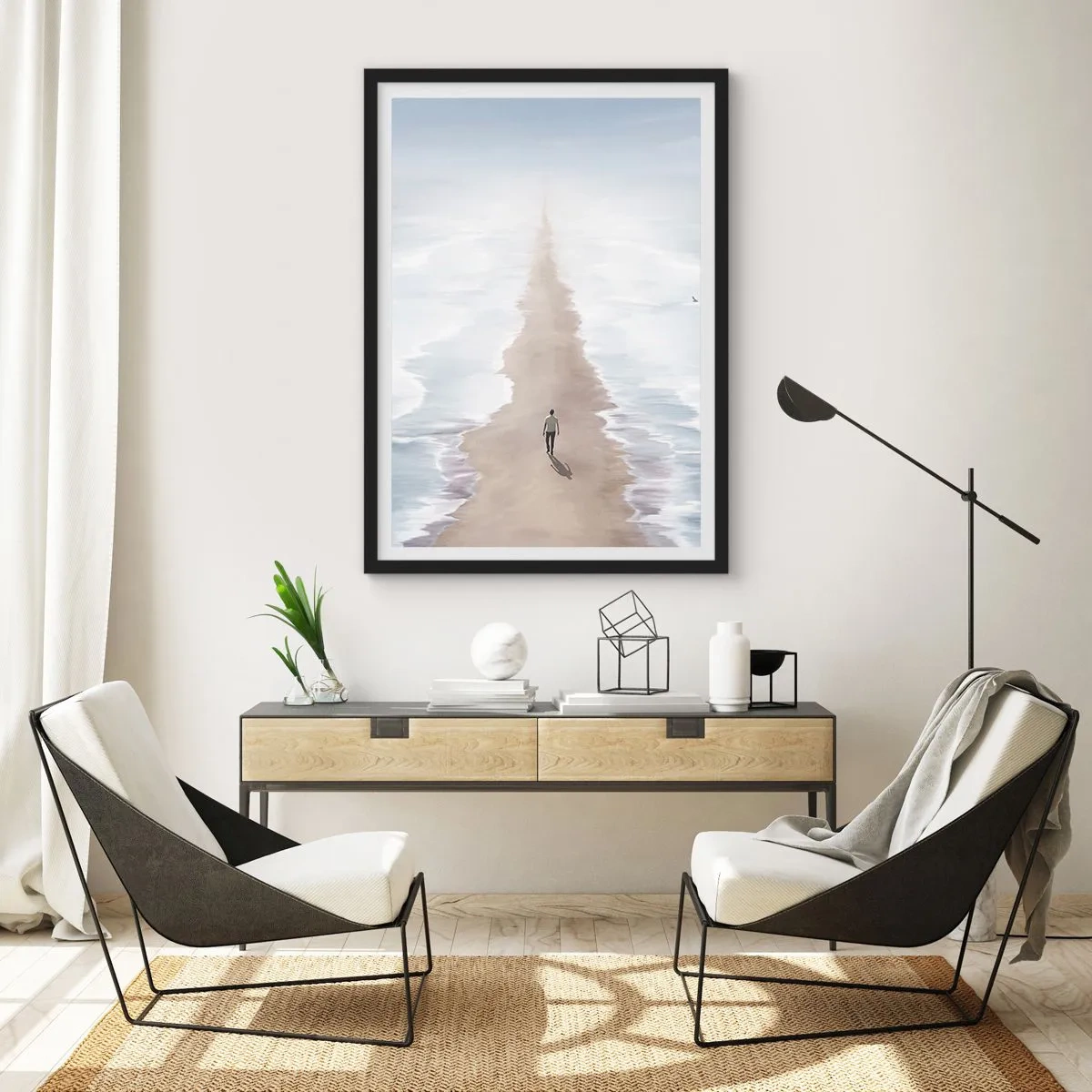 Poster in een zwarte lijst - Een figuur wandelt alleen langs een pad tussen kalm water. - 50x70cm - Een gouden toekomst - Moderne wanddecoratie voor woonkamer en slaapkamer ARTTOR