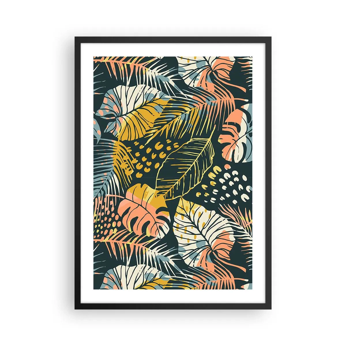 Poster in een zwarte lijst - Een kleurrijk tropisch bladpatroon in tinten groen, geel en roze. - 50x70cm - Lommerrijke fantasie - Moderne wanddecoratie voor woonkamer en slaapkamer ARTTOR