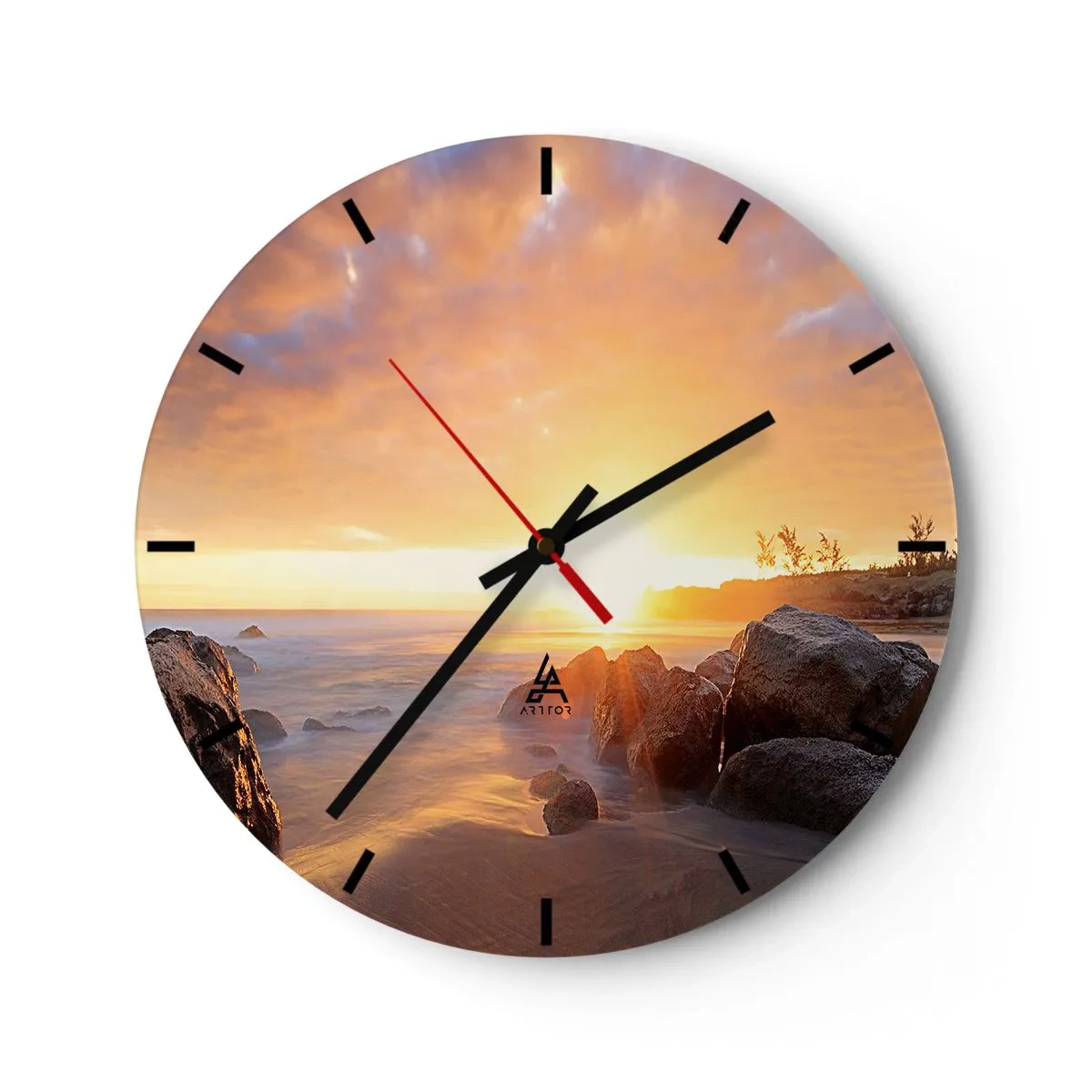 Wandklok - Klok - Zonsondergang boven de zee met stenen en warm licht - 30x30cm - Lichtgevende bries van de avond - Moderne wanddecoratie voor woonkamer, keuken en slaapkamer ARTTOR