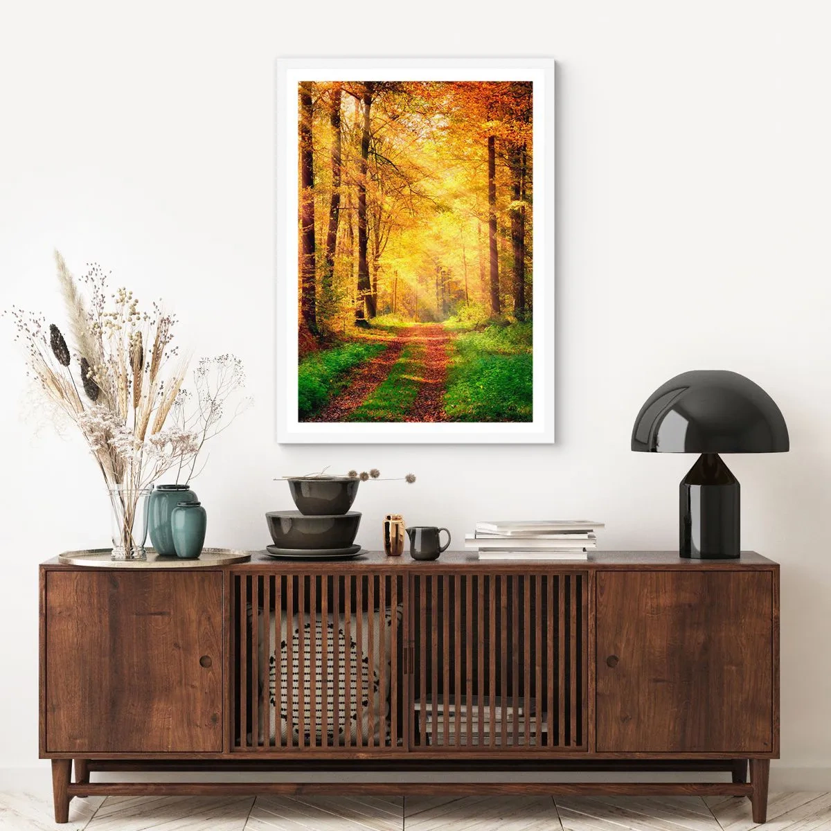 Poster in een witte lijst - Bos-gouden stilte - 50x70 cm