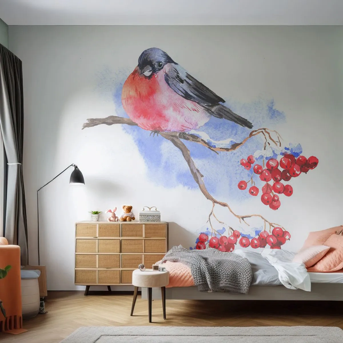 Fotobehang Standard Eco - Winter in kleur - Vogel Op Een Tak, Rode lijsterbes, Grafisch - 400x280 cm