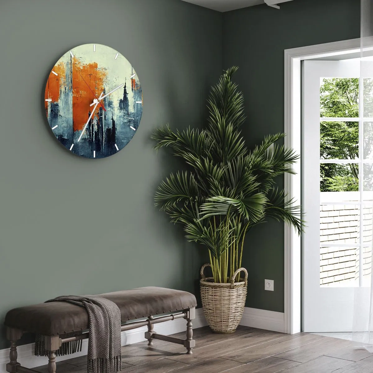 Wandklok - Klok - Abstract stadsgezicht in tinten oranje en marineblauw - 30x30cm - Modern landschap - Moderne wanddecoratie voor woonkamer, keuken en slaapkamer ARTTOR
