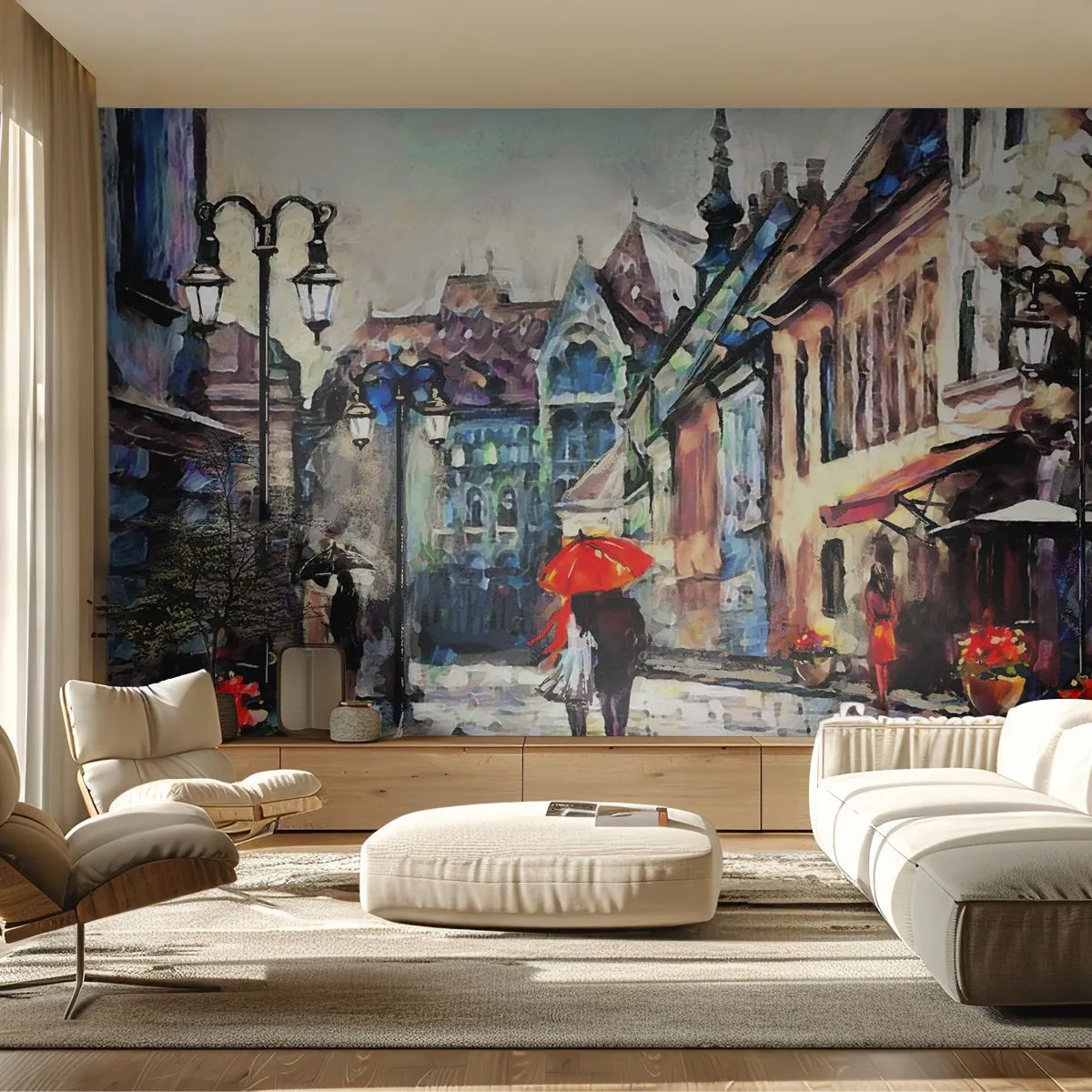 Zelfklevend Fotobehang Deluxe Sticker - Regen voor twee - Stad, Architectuur, Oude stad - 250x175 cm