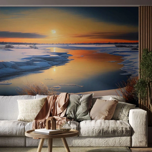 Fotobehang Premium Canvas - Winterse zonsondergang - Winter, Rivier, Landschap - 300x210 cm