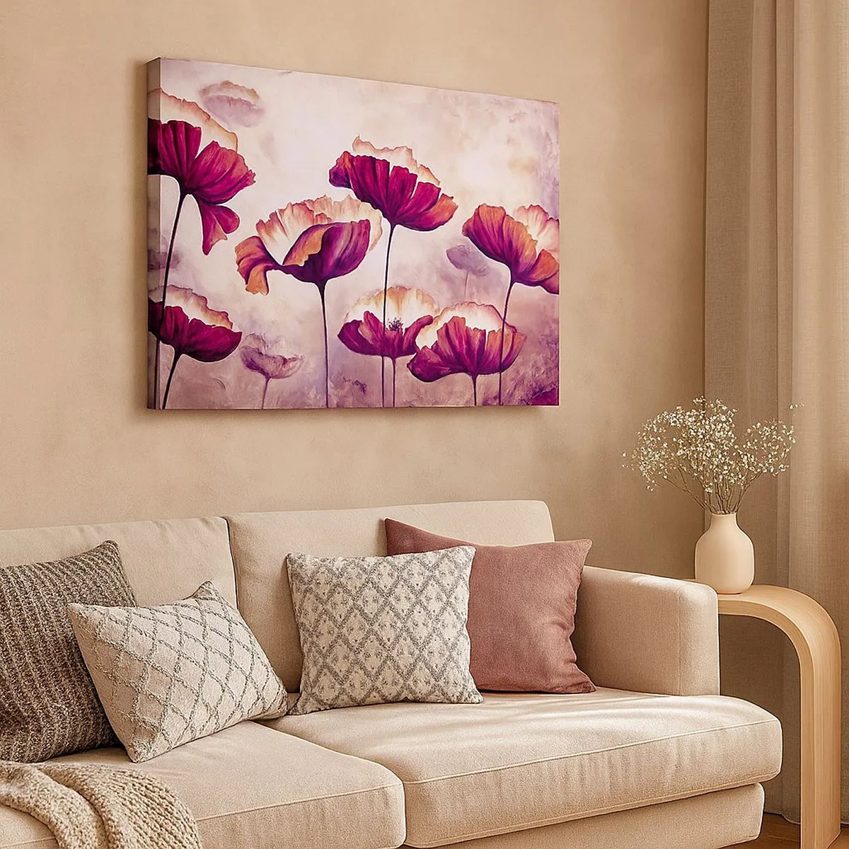 Schilderen op canvas - Bloemen in tinten rood en wit op een subtiele achtergrond - 70x50cm - Rood en wit bloemblad - Moderne wanddecoratie voor woonkamer en slaapkamer ARTTOR
