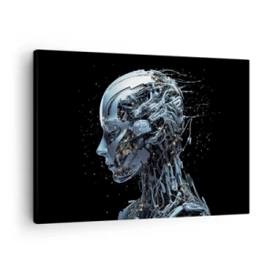 Schilderen op canvas - Futuristisch portret van een cyborg in industriële stijl op een zwarte achtergrond. - 70x50cm - Technologie is een vrouw - Moderne wanddecoratie voor woonkamer en slaapkamer ARTTOR