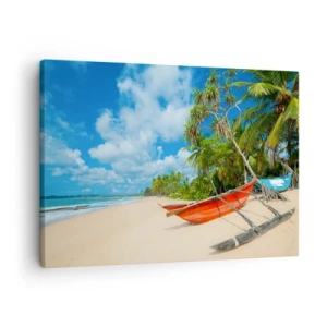 Schilderen op canvas - Tropisch strand met palmbomen en kleurrijke boten - 70x50cm - De charme van de tropen - Moderne wanddecoratie voor woonkamer en slaapkamer ARTTOR