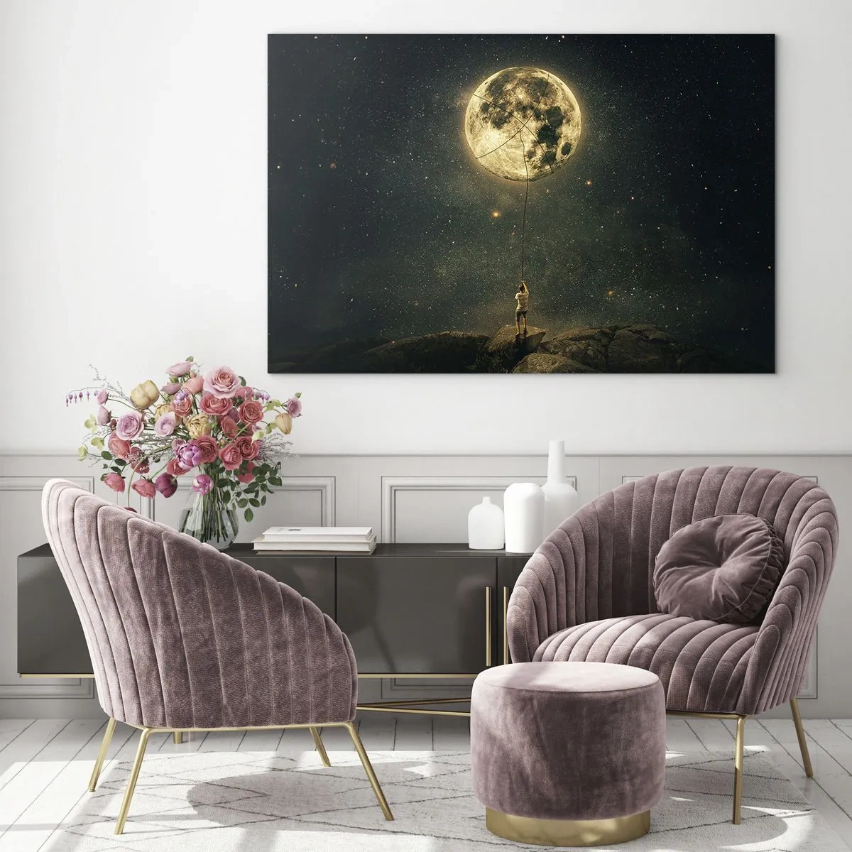 Schilderen op glas - Een figuur op een rots die de maan vasthoudt, die aan een touw vastzit. - 70x50cm - Iemand die de maan heeft gestolen - Moderne wanddecoratie voor woonkamer en slaapkamer ARTTOR