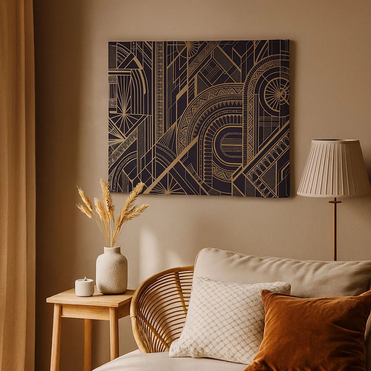 Schilderen op canvas - Gouden geometrische patronen op een zwarte achtergrond in Art Deco-stijl - 70x50cm - Concepten, ideeën, plannen - Moderne wanddecoratie voor woonkamer en slaapkamer ARTTOR