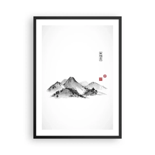 Poster in een zwarte lijst - Een minimalistisch Japans berglandschap - 50x70cm - Oneindige verte - Moderne wanddecoratie voor woonkamer en slaapkamer ARTTOR