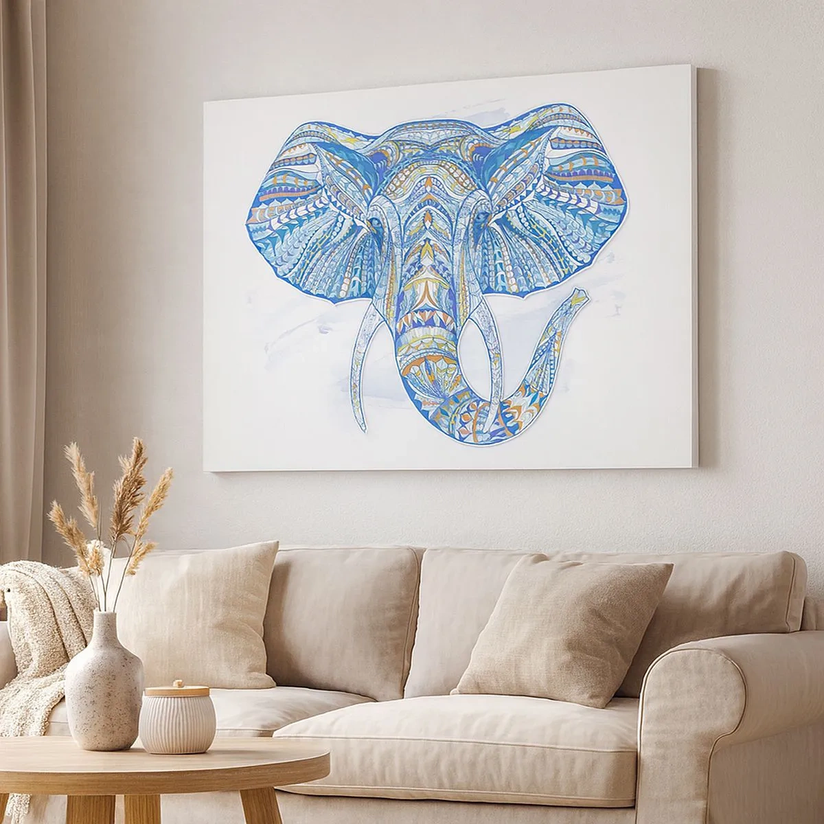 Schilderen op canvas - Geometrische olifant in tinten blauw en goud - 70x50cm - Ingelegd met goud en blauw - Moderne wanddecoratie voor woonkamer en slaapkamer ARTTOR