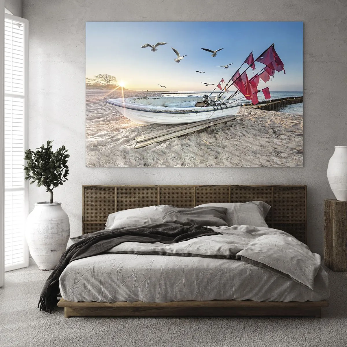 Schilderen op glas - Vissersboot op het strand bij zonsopgang - 70x50cm - Een welverdiende rust - Moderne wanddecoratie voor woonkamer en slaapkamer ARTTOR