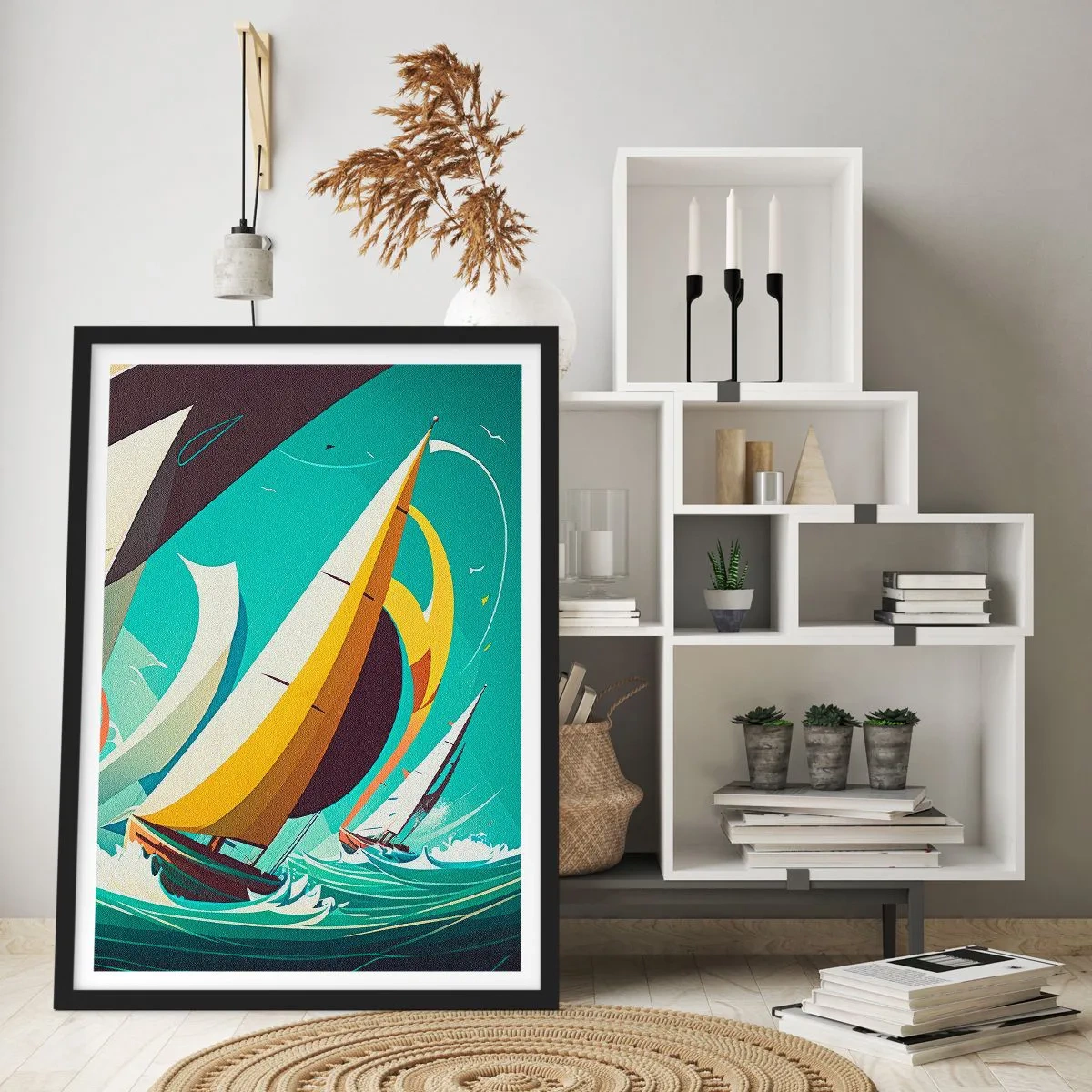 Poster in een zwarte lijst - Abstracte zeilregatta op een stormachtige zee - 50x70cm - Met elementen als een broer - Moderne wanddecoratie voor woonkamer en slaapkamer ARTTOR