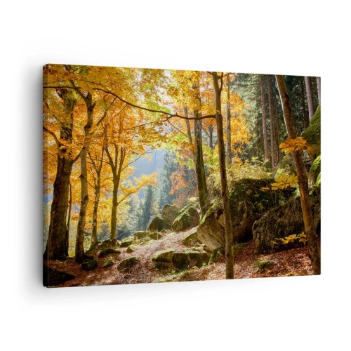 Schilderen op canvas - Een herfstbos vol gouden bladeren en zonlicht - 70x50cm - Tijd om te ontspannen - Moderne wanddecoratie voor woonkamer en slaapkamer ARTTOR