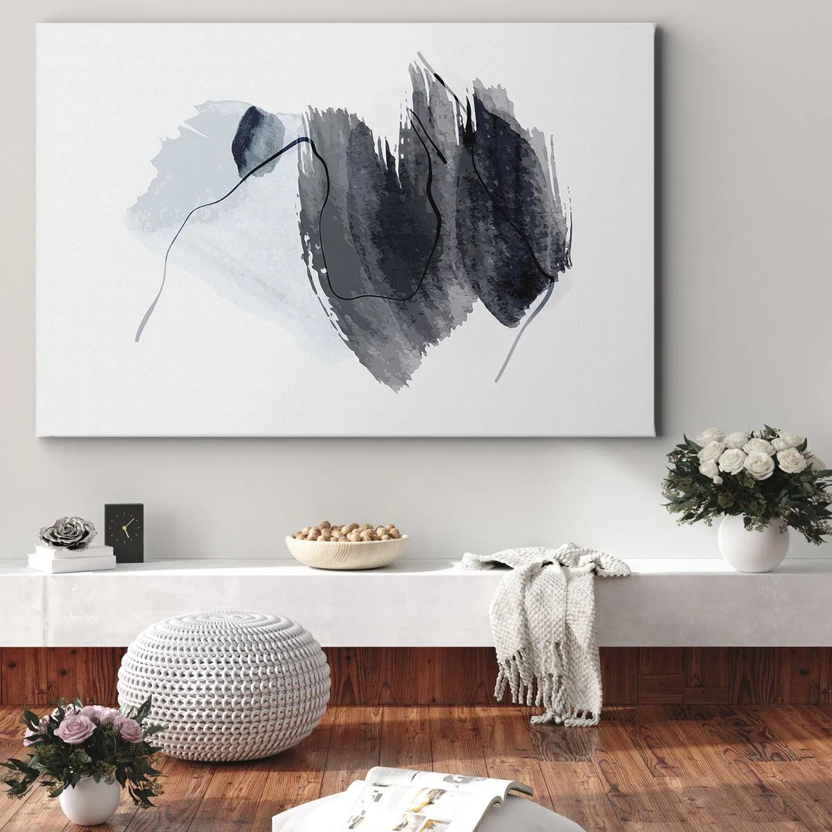 Schilderen op canvas - Abstracte compositie in tinten grijs en blauw - 70x50cm - Intensiteit en beweging - Moderne wanddecoratie voor woonkamer en slaapkamer ARTTOR